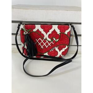 BRIGHTON SMALL RED, WHITE CANVAS CROSSBODY BAG WITH TASSEL